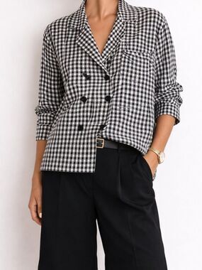 Posse black and white gingham check Oversized plaid double breasted shirt jacket